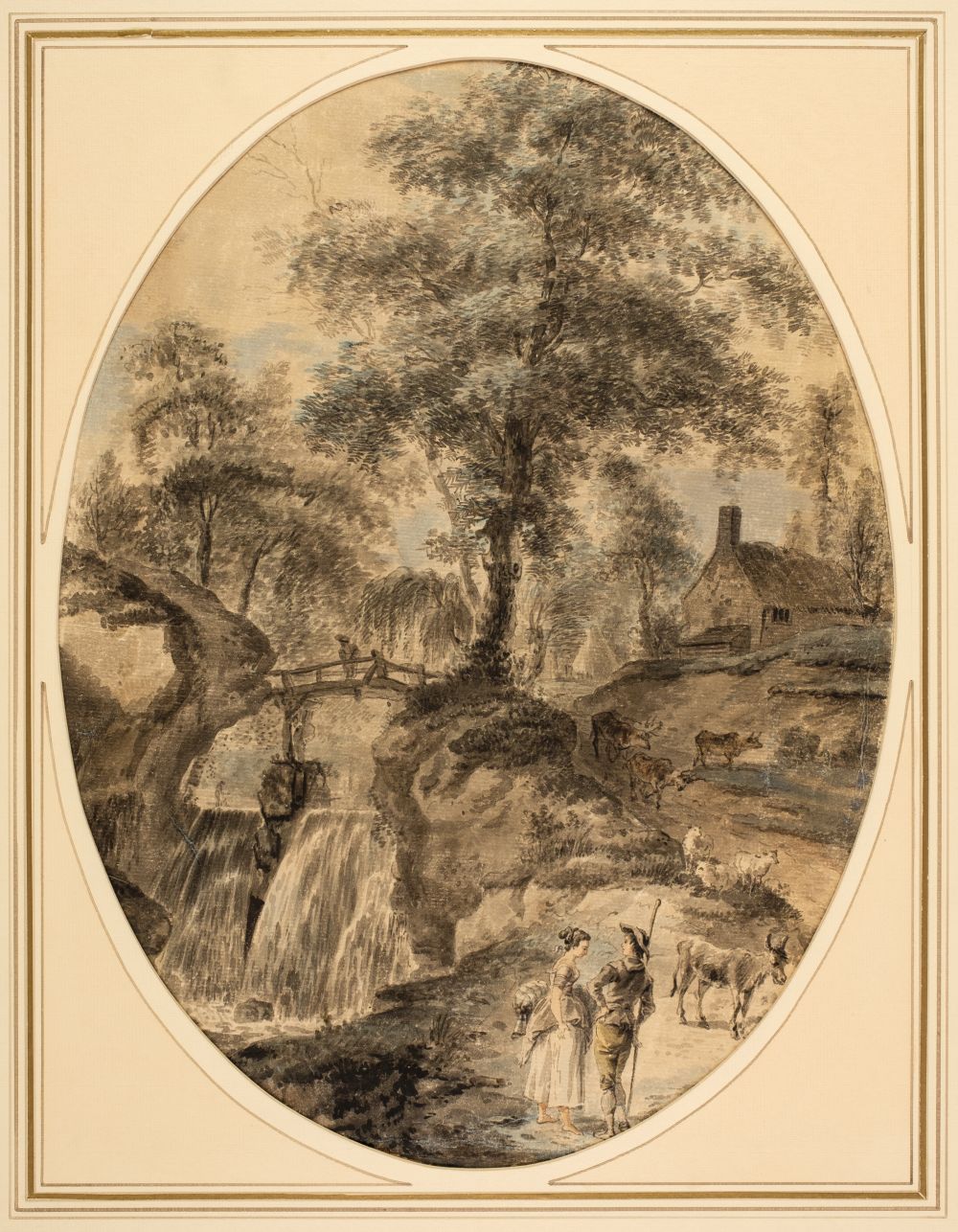 * Grimm (Samuel Hieronymus, 1733-1794, style of). Courting couple in a landscape with waterfall