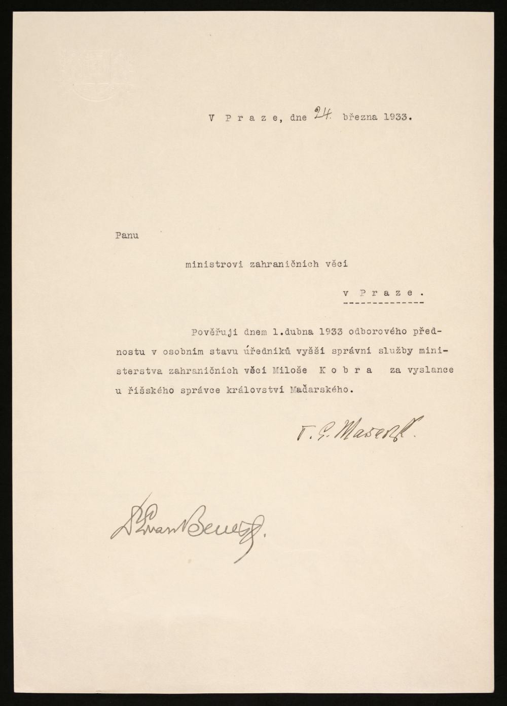 * Tomas Masaryk (1850-1937) & Benes (Edvard, 1884-1948), Typed Letter Signed, 24th March 1933,