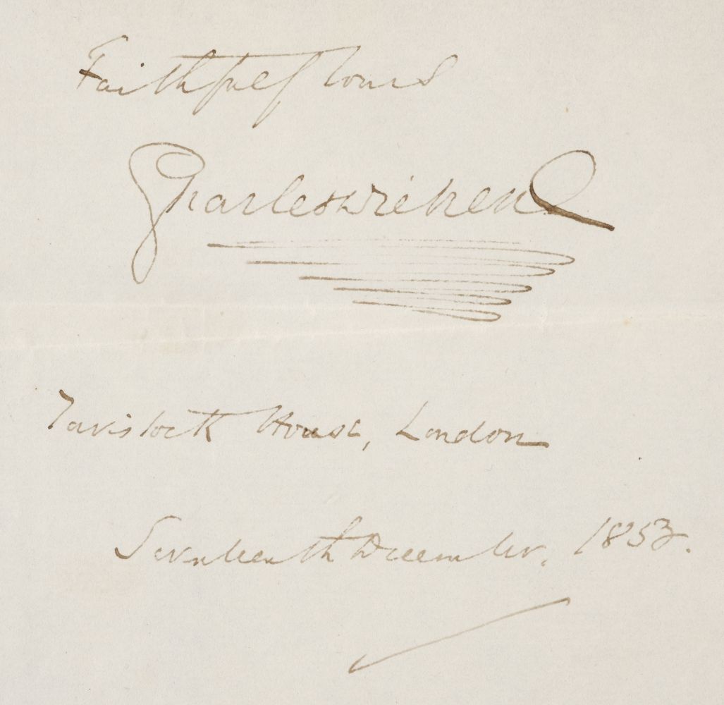 * Dickens (Charles, 1812-1870). Autograph sentiment signed, 'Charles Dickens', 17 December 1853