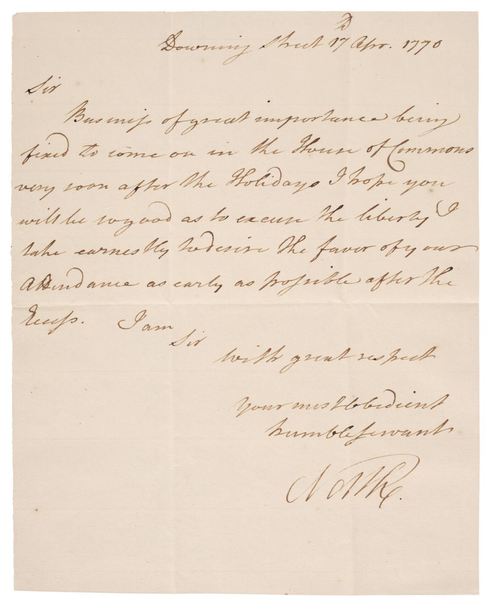 * North (Lord, 1732-1792), Letter Signed, ‘North’, as Prime Minister, Downing Street, 17 April 1770