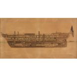 * Naval Cutaway. A 19th century watercolour of a naval ship dated 1861