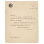 * Churchill (Winston Spencer). Typed Letter Signed, ‘Winston S. Churchill’, 27 April 1943