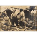 * China. Four Chinese people on a sampan in China, by Sam Sanzetti, carbon print, 1930s