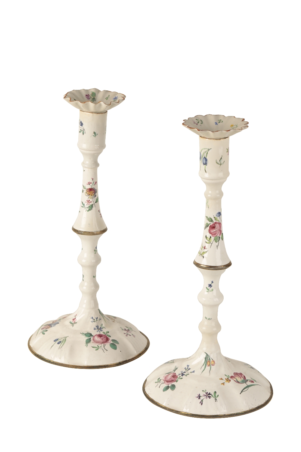 PAIR OF STAFFORDSHIRE ENAMEL CANDLESTICKS