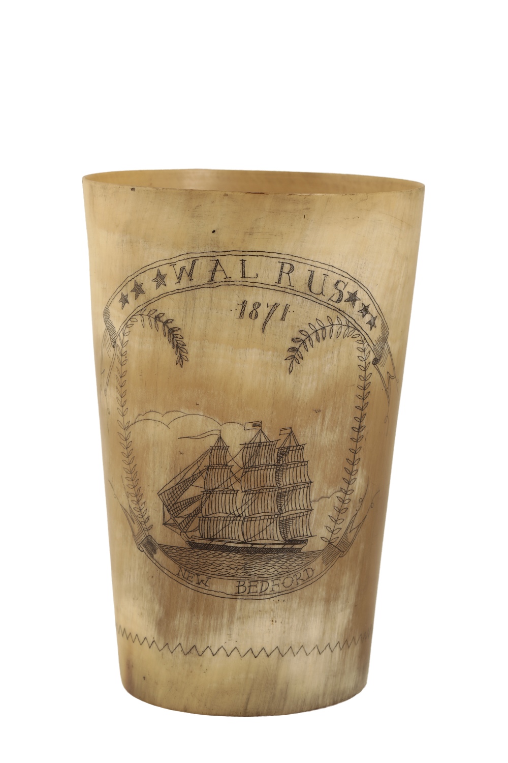 INCISED HORN BEAKER IN THE STYLE OF SCRIMSHAW