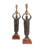 PAIR OF RESTAURATION PATINATED BRONZE AND MARMO ROUGE GRIOTTE MOUNTED CANDLESTICKS