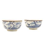 PAIR OF BLUE AND WHITE 'CRANE AND PINE TREES' BOWLS