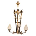 FRENCH PATINATED AND PARCEL GILT METAL THREE LIGHT GASOLIER IN NEOCLASSICAL STYLE