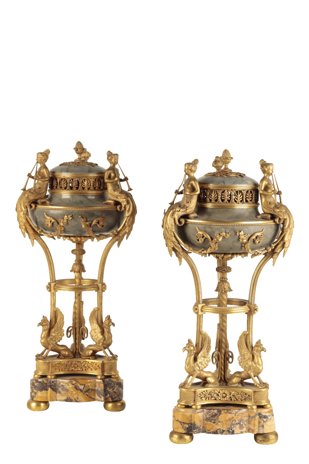 PAIR OF FINE ORMOLU AND MARBLE MOUNTED BRULE PARFUMS, ALMOST CERTAINLY BY PAUL-CHARLES SORMANI