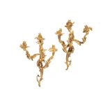 PAIR OF SUBSTANTIAL GILT BRONZE THREE LIGHT WALL APPLIQUES IN LOUIS XV STYLE