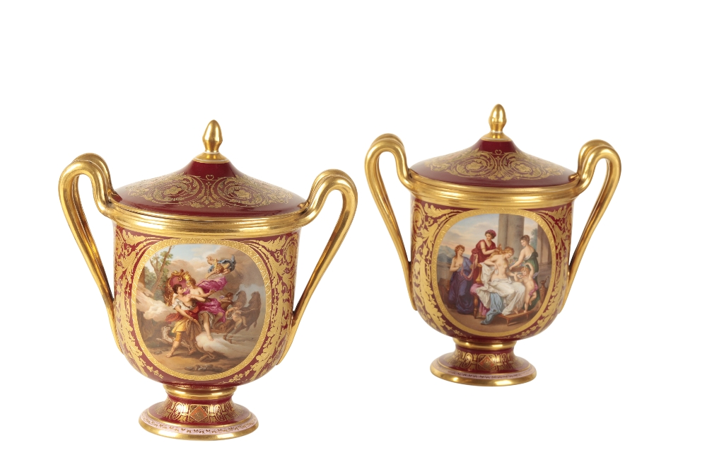 FINE PAIR OF VIENNA PORCELAIN COVERED URNS - Image 2 of 2