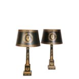 PAIR OF TOLE PEINTE TABLE LAMPS IN THE MANNER OF RESTAURATION BOUILLOTTE LAMPS