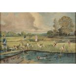 ENGLISH SCHOOL, 20TH CENTURY Hunting scenes with figures and hounds crossing a river