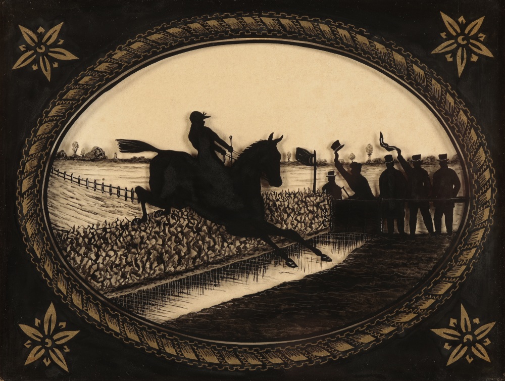 HORSE RACING INTEREST: A PAIR OF REGENCY TYPE REVERSE PAINTED SILHOUETTE STEEPLECHASE SCENES