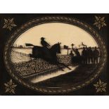 HORSE RACING INTEREST: A PAIR OF REGENCY TYPE REVERSE PAINTED SILHOUETTE STEEPLECHASE SCENES