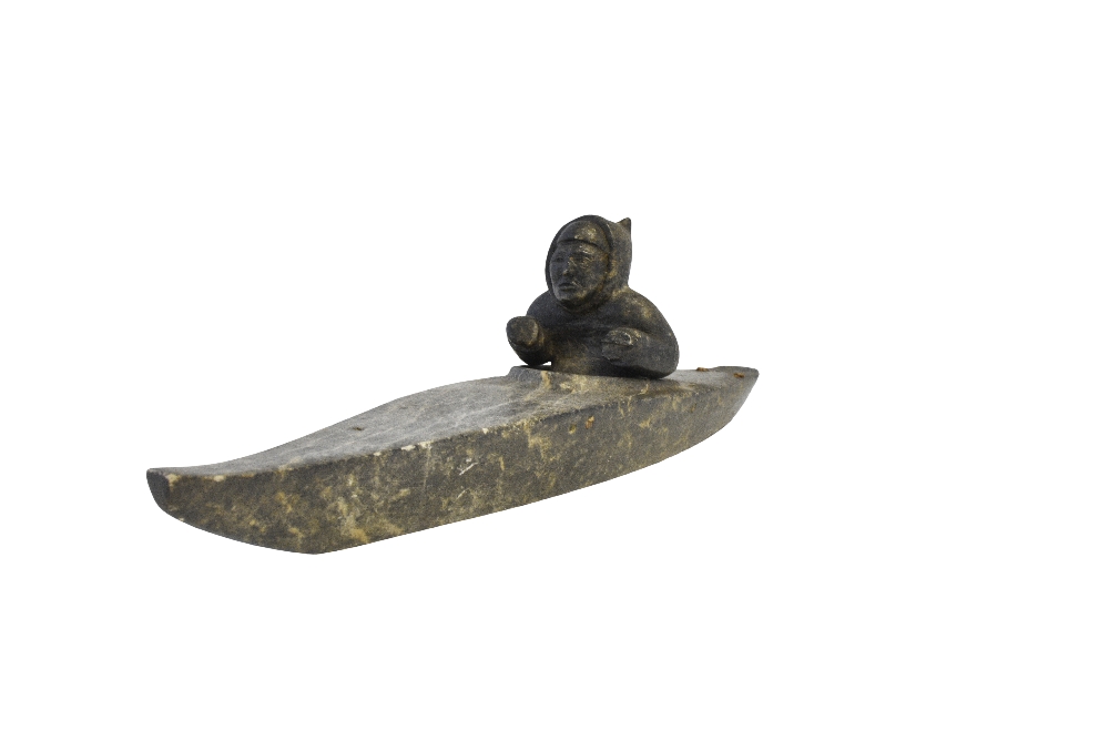 INUIT GREY STONE CARVED KAYAK AND HUNTER - Image 2 of 2