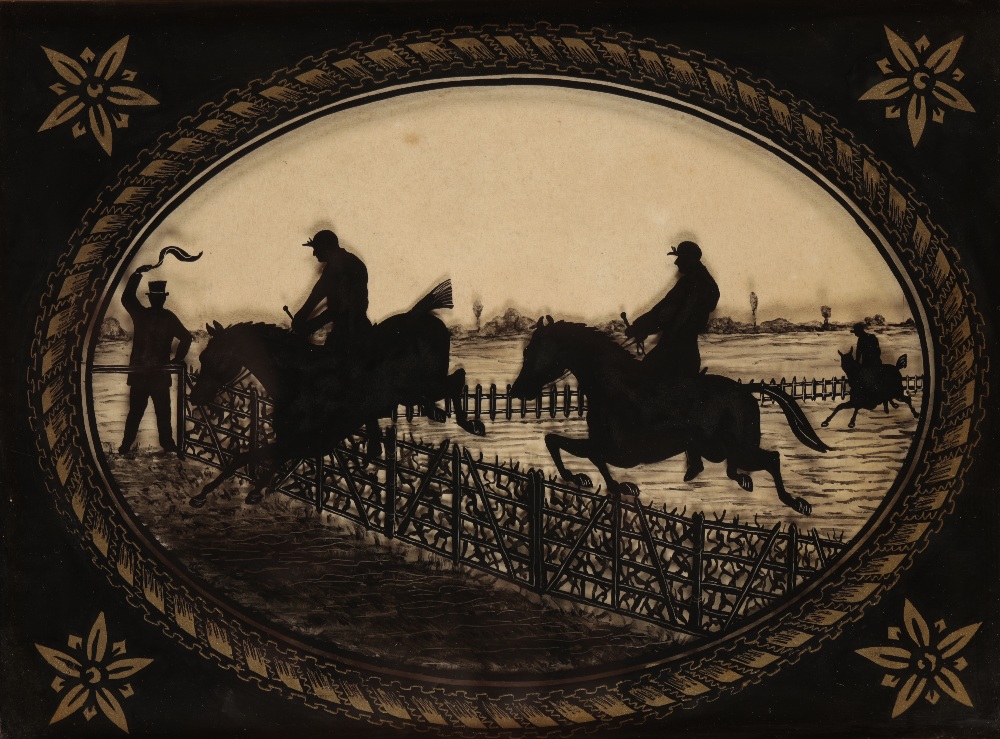 HORSE RACING INTEREST: A PAIR OF REGENCY TYPE REVERSE PAINTED SILHOUETTE STEEPLECHASE SCENES - Image 3 of 4