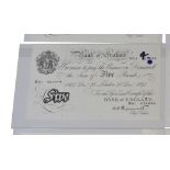 BANK OF ENGLAND £5 NOTE H01 031644. 1944 28th December London