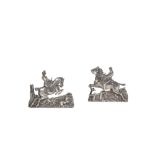 PAIR OF SILVER MENU HOLDERS in the form of hunting scenes