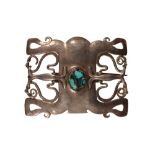 OLIVER BAKER FOR LIBERTY & CO: AN ART NOUVEAU SILVER AND MATRIX TURQUOISE STONE SET BUCKLE