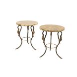 MANNER OF MAISON BAGUES: A PAIR OF PAINTED WROUGHT IRON AND GREEN STONE OCCASIONAL TABLES