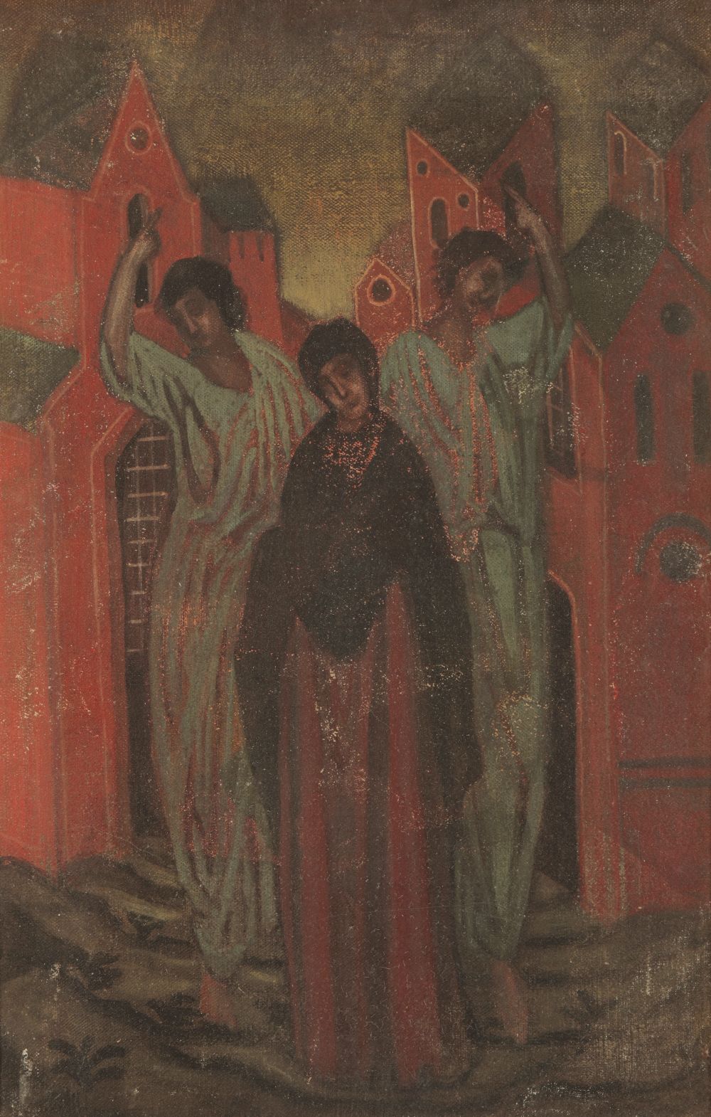 •VLADIMIR POLUNIN (1880-1957) Three figures standing before red buildings