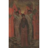 •VLADIMIR POLUNIN (1880-1957) Three figures standing before red buildings