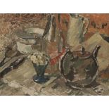 •VLADIMIR POLUNIN (1880-1957) Still life study of various items to include a small vase of flowers