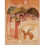 •LEO BORGHI (b. 1937) Stylised Italian townscape with figure on horseback