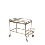 •ATTRIBUTED TO JACQUES ADNET: AN ART DECO CHROME AND MIRRORED BAR CART / DRINKS TROLLEY