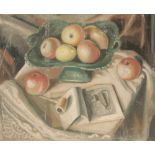 •VLADIMIR POLUNIN (1880-1957) Still life study of fruit, a dish, a book and a pipe on a tabletop