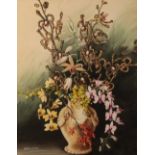 •BARBARA EVERARD (1910-1990) Still life study of exotic flowers in a classical style baluster urn