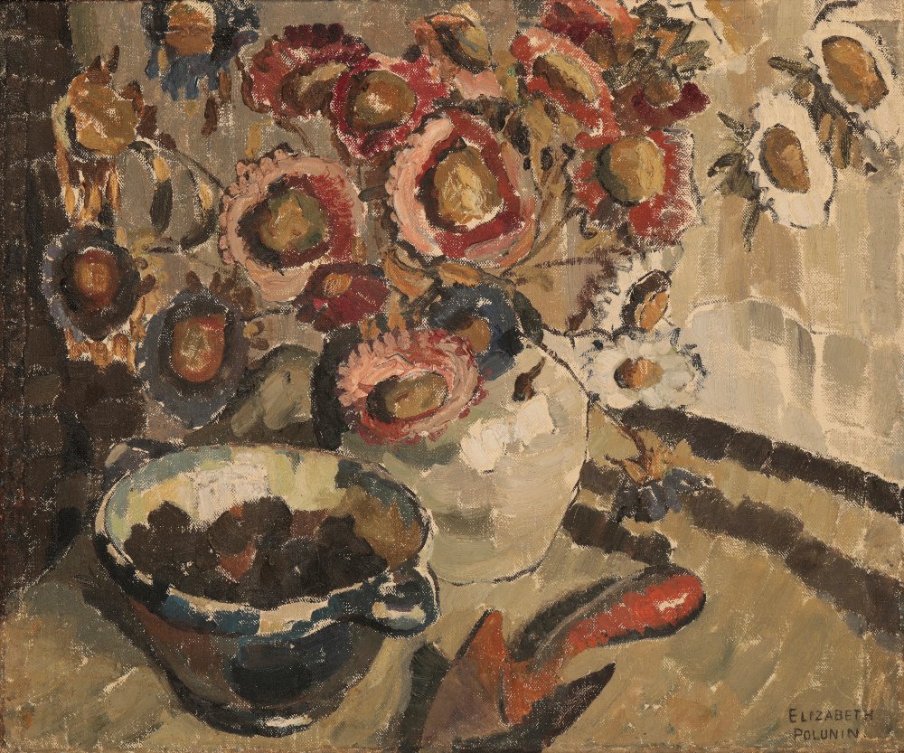 •ELIZABETH VIOLET POLUNIN (1887-1950) Still life study of a vase of flowers, a trowel and a pot