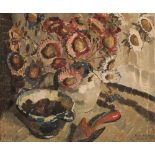 •ELIZABETH VIOLET POLUNIN (1887-1950) Still life study of a vase of flowers, a trowel and a pot