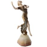 HENRI FUGERE (1872-1944): "DANSEUSE" AN ART DECO GILT AND COLD PAINTED BRONZE AND IVORY FIGURE