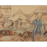 •VLADIMIR POLUNIN (1880-1957) Busy market scene with figures and a produce in a town square