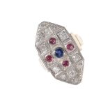 A DIAMOND, RUBY AND SAPPHIRE PANEL RING