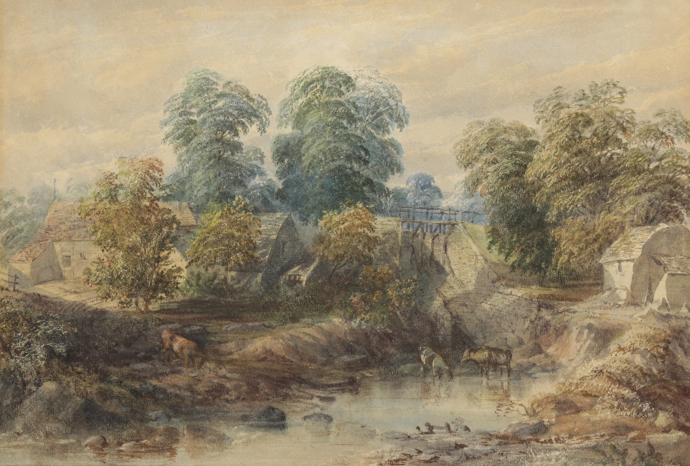 ENGLISH SCHOOL, 19TH CENTURY Cattle watering in a stream beside buildings