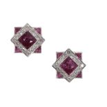 A PAIR OF 18 CARAT GOLD PINK TOURMALINE, RUBY AND DIAMOND EAR STUDS