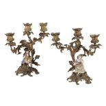 PAIR OF CONTINENTAL GILT BRONZE AND PORCELAIN MOUNTED THREE LIGHT CANDELABRA IN ROCOCO REVIVAL TASTE