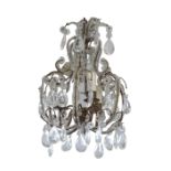 GILT METAL, BEADED AND CUT GLASS HUNG THREE LIGHT CHANDELIER IN LOUIS XV TASTE