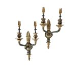 PAIR OF PAINTED AND PARCEL GILT BRONZE TWIN LIGHT WALL APPLIQUES IN REGENCY EMPIRE STYLE