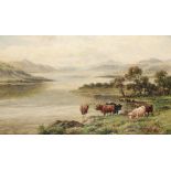 WILLIAM LANGLEY (fl. 1880-1920) An expansive landscape with Highland cattle watering