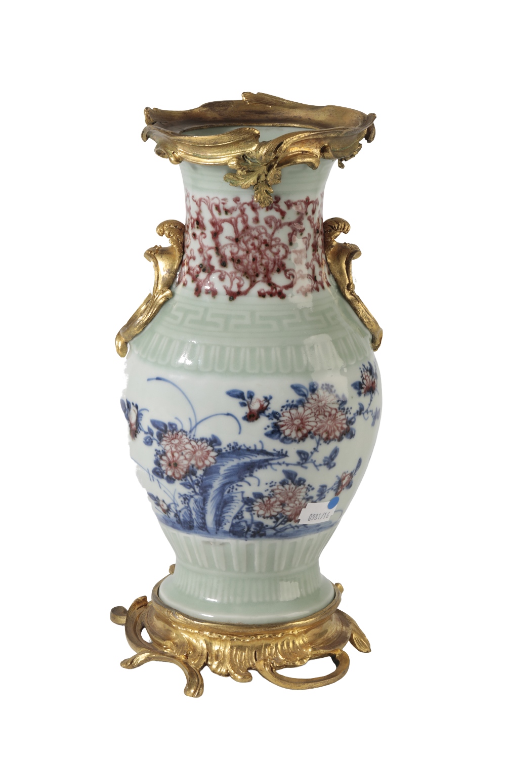 GOOD CELADON AND UNDER GLAZE-BLUE AND COPPER-RED BALUSTER VASE, QIANLONG SEAL MARK AND PERIOD