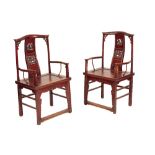 PAIR OF CHINESE RED LACQUER 'YOKE' BACK ARMCHAIRS, LATE QING DYNASTY