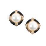 A PAIR OF MABÉ PEARL DIAMOND AND BLACK ENAMEL EARRINGS