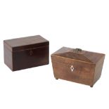LATE GEORGE III MAHOGANY AND SYCAMORE STRUNG TEA CADDY