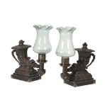 PAIR OF GEORGE IV PATINATED BRONZE COLZA OIL TABLE LAMPS IN THE FORM OF ANTIQUE RHYTONS