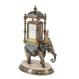FRENCH SILVERED AND GILT BRONZE MOUNTED AND CLOISONNE ENAMELLED FIGURAL DESK TIMEPIECE