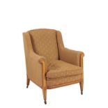 SATINWOOD, CROSSBANDED AND UPHOLSTERED WING ARMCHAIR